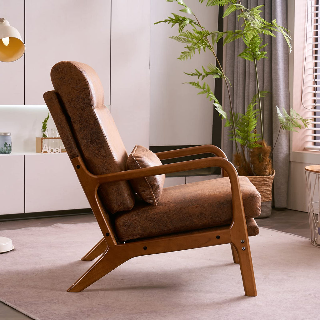 High Back Microfiber Rustic Mid Century Modern Accent Chair, Soild Wood Padding Lounge Armchairs Side Sitting Chairs for Living Room, Bedroom, Guest Room
