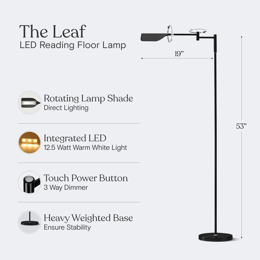Leaf Pharmacy LED Reading Lamp, Dimmable Floor Lamp with Easy Rotation Over Chair or Desk for Living Rooms & Offices, Adjustable Standing Lamp, Tall Lamp for Sewing & Craftwork - Jet Black