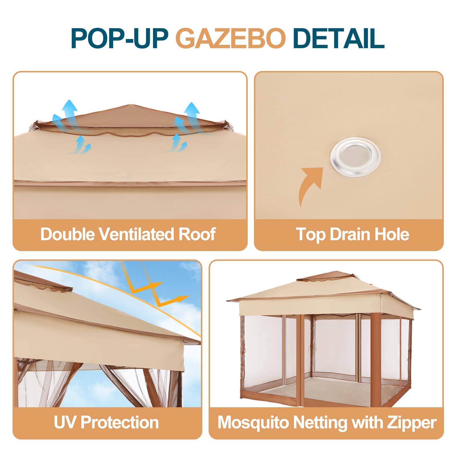 11x11 Pop Up Gazebo Canopy Tent Easy Up Outdoor Gazebo Waterproof Upgrade Portable Gazebo with Mosquito Nettings, Double Vented Roof and Carry Bag for Patio Garden Lawn(Khaki)