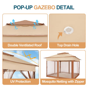 11x11 Pop Up Gazebo Canopy Tent Easy Up Outdoor Gazebo Waterproof Upgrade Portable Gazebo with Mosquito Nettings, Double Vented Roof and Carry Bag for Patio Garden Lawn(Khaki)