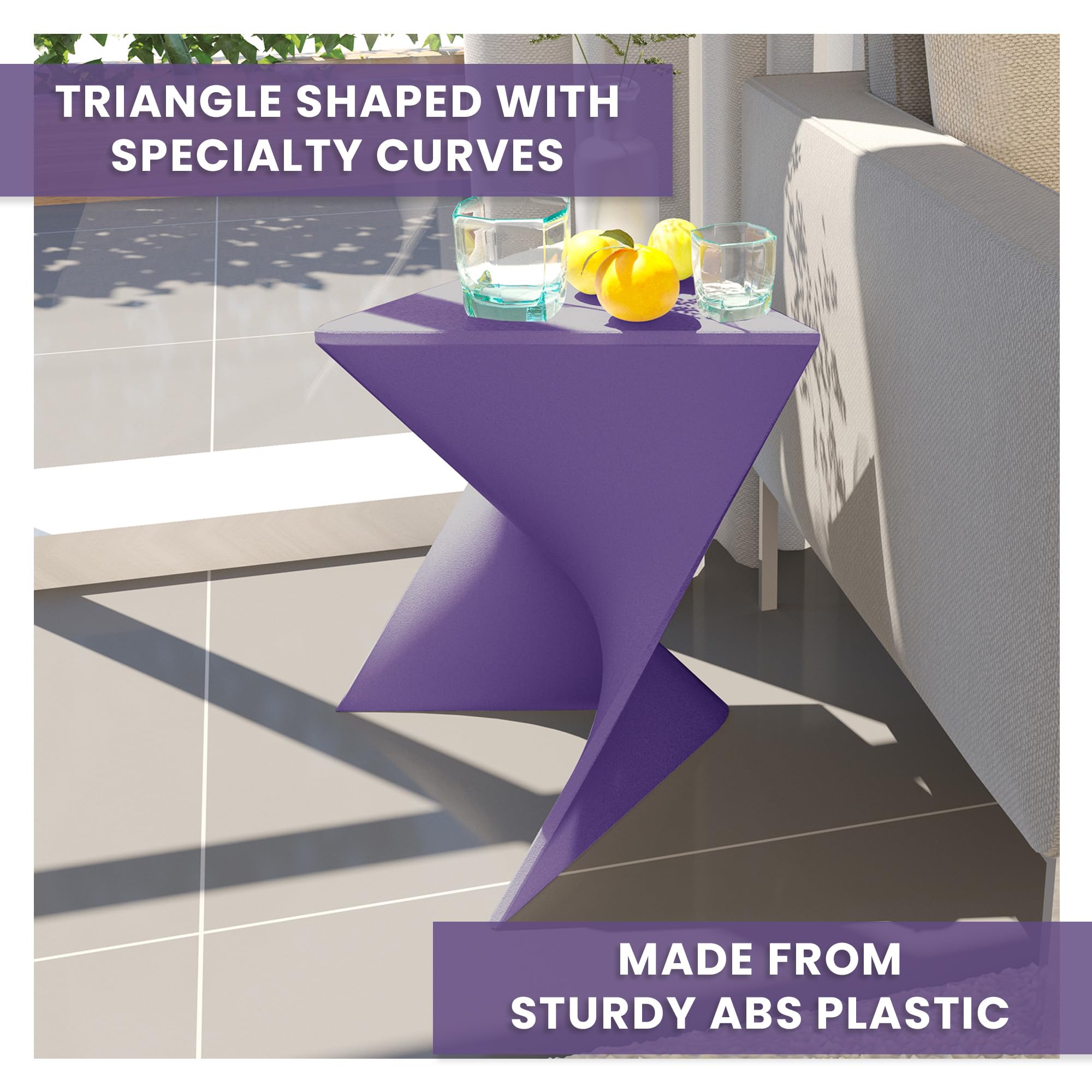 15.75" Triangular Side Table, Stackable Plastic Accent End Table for Indoor & Outdoor Use, Weather-Resistant Modern Patio & Living Room Table, Set of 2, Purple