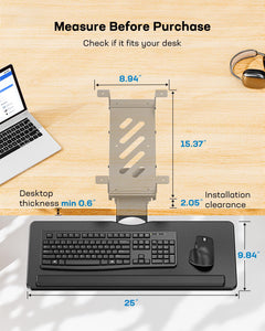 Keyboard Tray Under Desk, Adjustable Ergonomic Keyboard & Mouse Tray, Flat Bottom Or Cross Beam Installation, Smooth Sliding Keyboard Holder for Typing in Home Office, Easy Setup, 25″W x 9.84″D