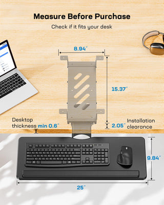 Keyboard Tray Under Desk, Adjustable Ergonomic Keyboard & Mouse Tray, Flat Bottom Or Cross Beam Installation, Smooth Sliding Keyboard Holder for Typing in Home Office, Easy Setup, 25″W x 9.84″D