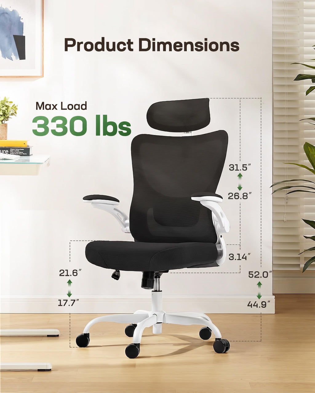 Ergonomic Office Chair: Office Desk Chair with High Back Mesh and Adjustable Lumbar Support Rolling Work Swivel Task Chairs with Wheel 3D Armrests and Headrest