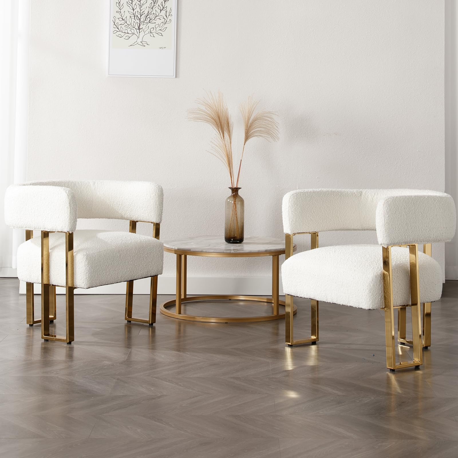 Modern Barrel Accent Chair, Boucle Fabric Living Room Chair with Gold Metal Legs, Comfy Upholstered Single Sofa Armchair Side Chair for Lounge/Bedroom/Reading, White