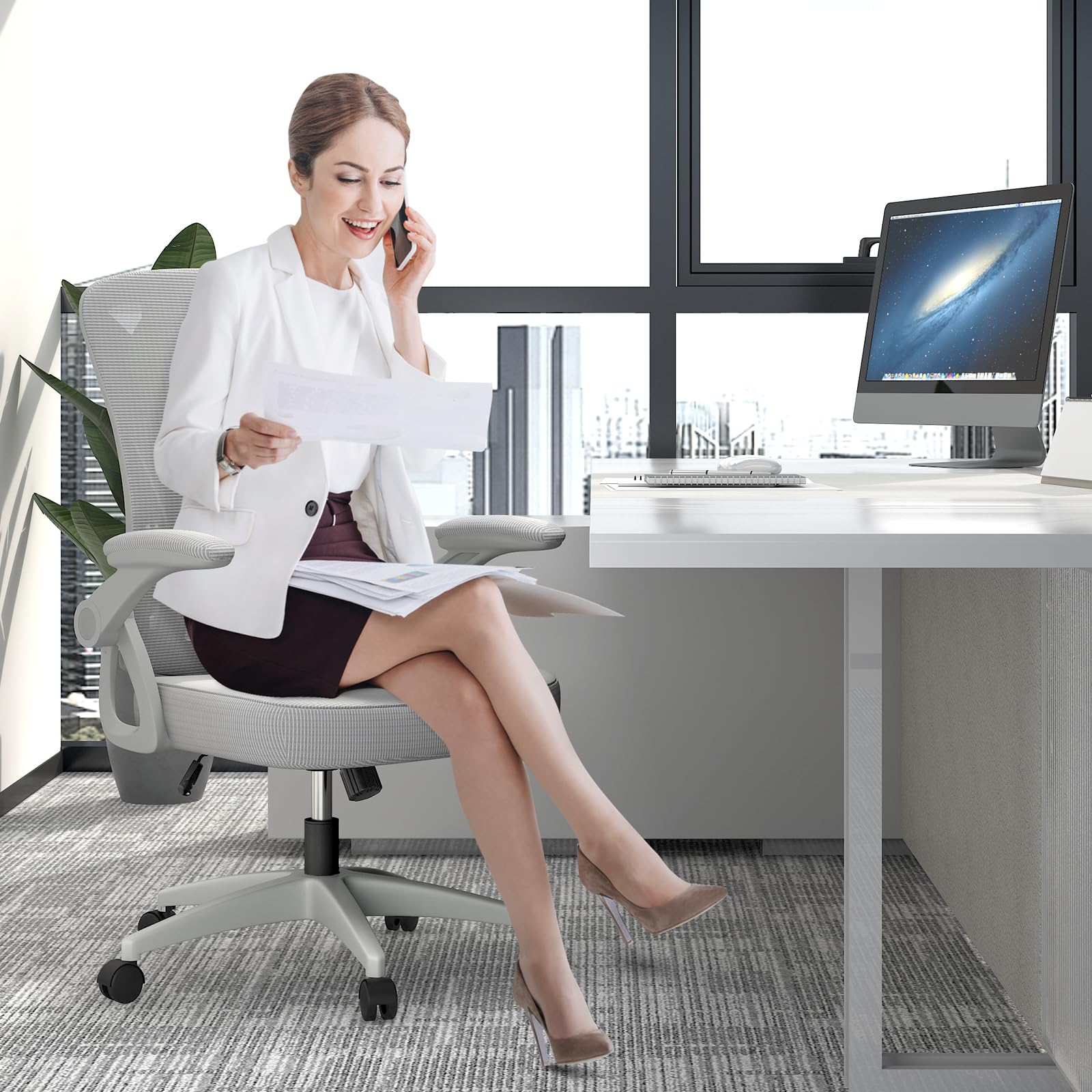 Ergonomic Office Chair, Mid Back Desk Chairs with Adjustable Height, Swivel Chair with Flip-Up Arms and Lumbar Support, Breathable Mesh Computer Chair for Home/Study/Working, Grey