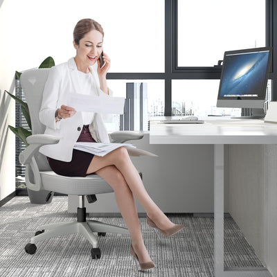 Ergonomic Office Chair, Mid Back Desk Chairs with Adjustable Height, Swivel Chair with Flip-Up Arms and Lumbar Support, Breathable Mesh Computer Chair for Home/Study/Working, Grey