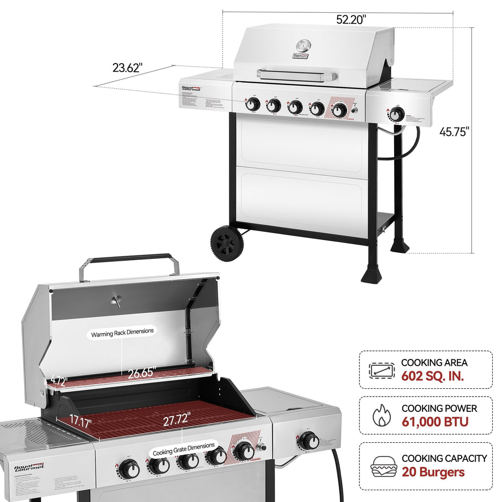 5-Burner BBQ Liquid Propane Gas Grill with Side Burner, Stainless Steel 61,000 BTU Output for Patio Garden Picnic Backyard Cooking, Silver