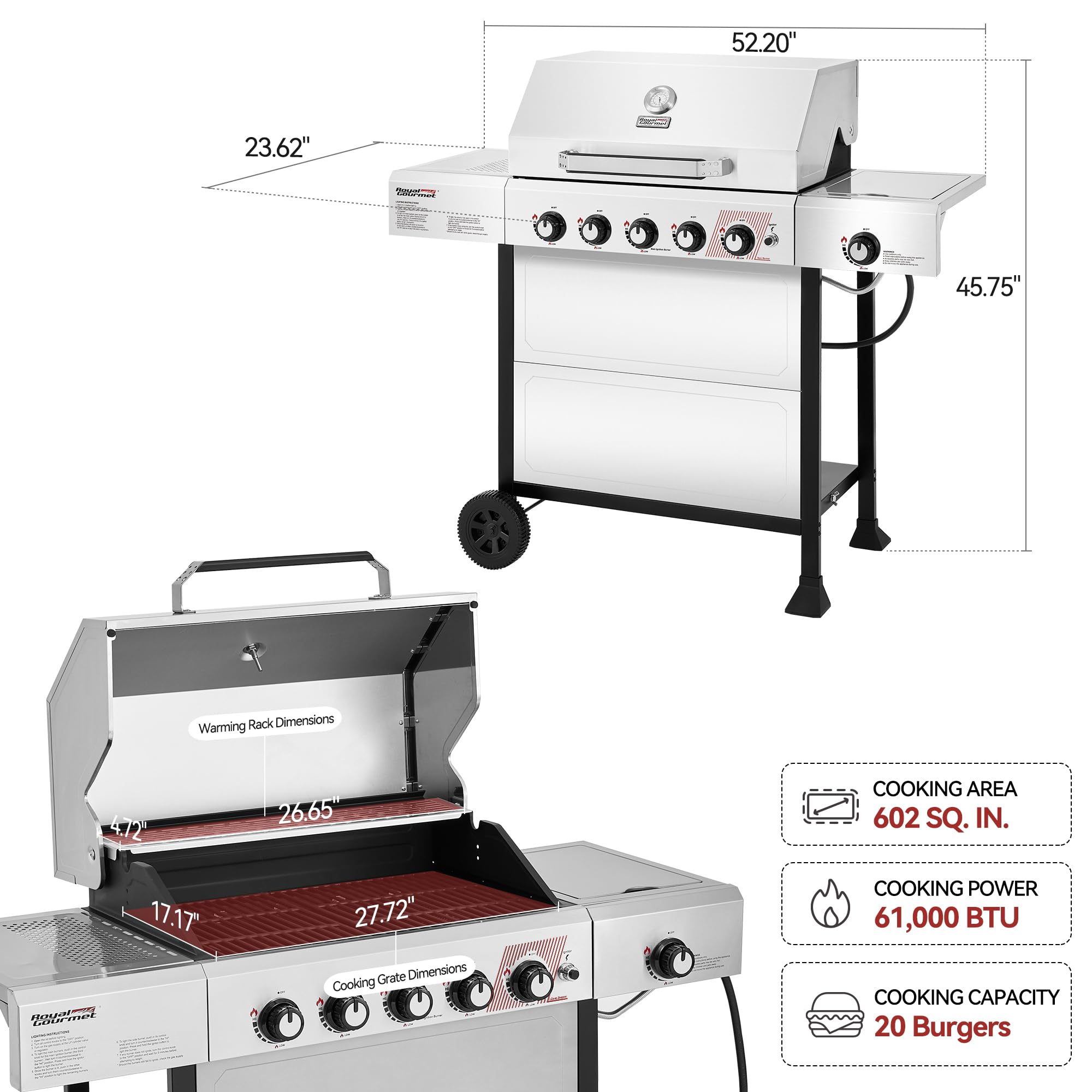 5-Burner BBQ Liquid Propane Gas Grill with Side Burner, Stainless Steel 61,000 BTU Output for Patio Garden Picnic Backyard Cooking, Silver