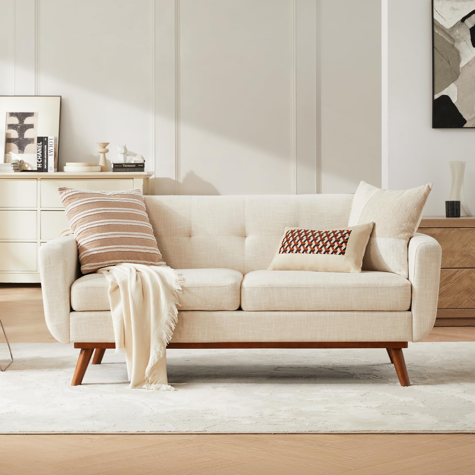 65.2" W Loveseat Sofa, Mid Century Modern Decor Love Seat Couches for Living Room, Button Tufted Upholstered Furniture, Easy to Install Small Couch for Bedroom Office Apartment, Cream White
