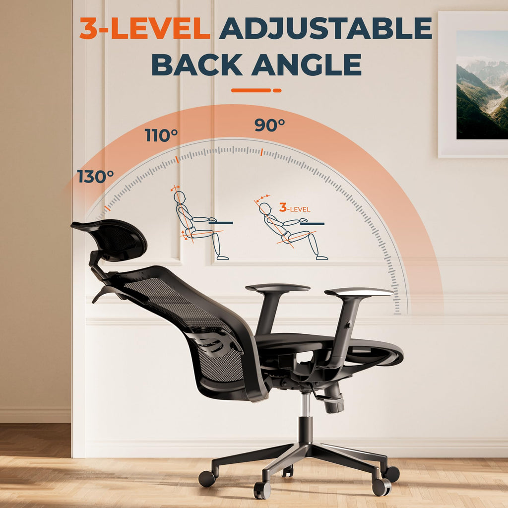 Ergonomic Office Chair Swivel Computer Chair Home Office Desk Chairs with Lumbar Support/2D Headrest/300lbs Heavy Duty/Lockable Back,Mesh Seat Cushion,ErgoChair Pro, Black