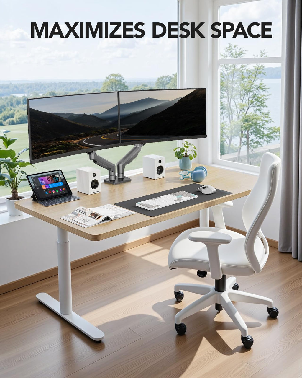 Dual Monitor Stand, Fully Adjustable Monitor Desk Mount for 13–32″ Computer Screens, Full Motion VESA 75x75/100x100 with C-Clamp & Grommet Base, Each Arm Holds 4.4 to 19.8 lbs -Grey
