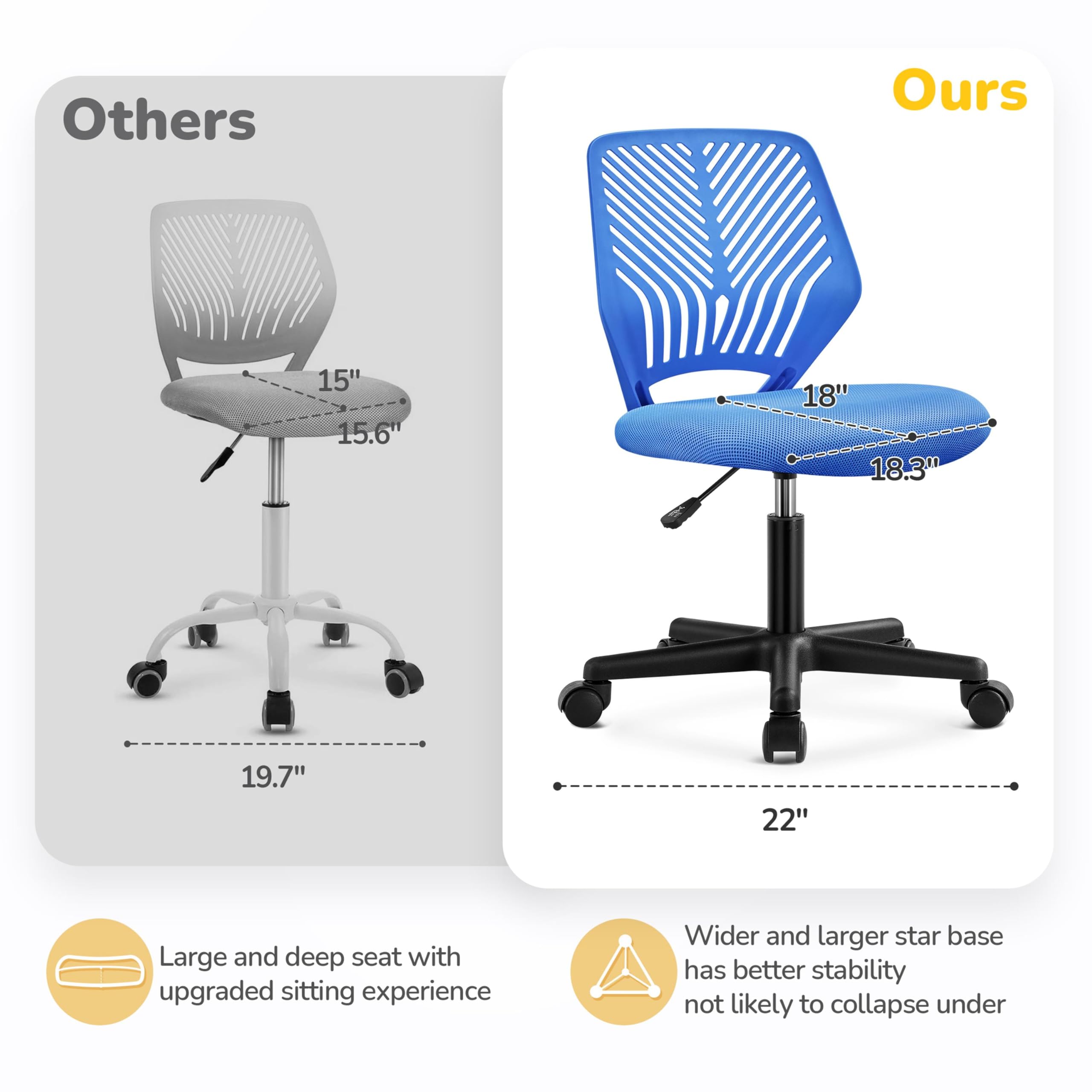 Students Desk Chair Low-Back Armless Study Chair Cute with Lumbar Support Adjustable Height for Youth, Blue
