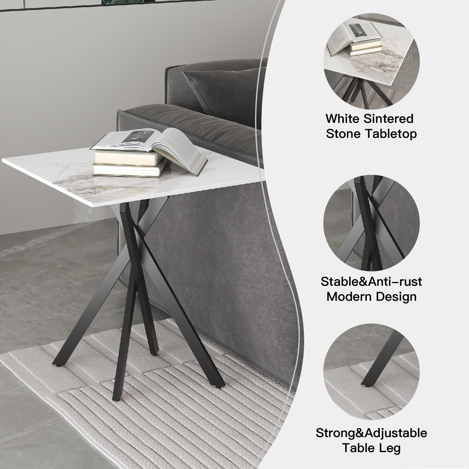 White Marble Side Coffee Table with Metal Legs, Samll Sintered Stone Square Modern End Table for Living Room Sofa Table Home Bed Office (1 Piece, 20