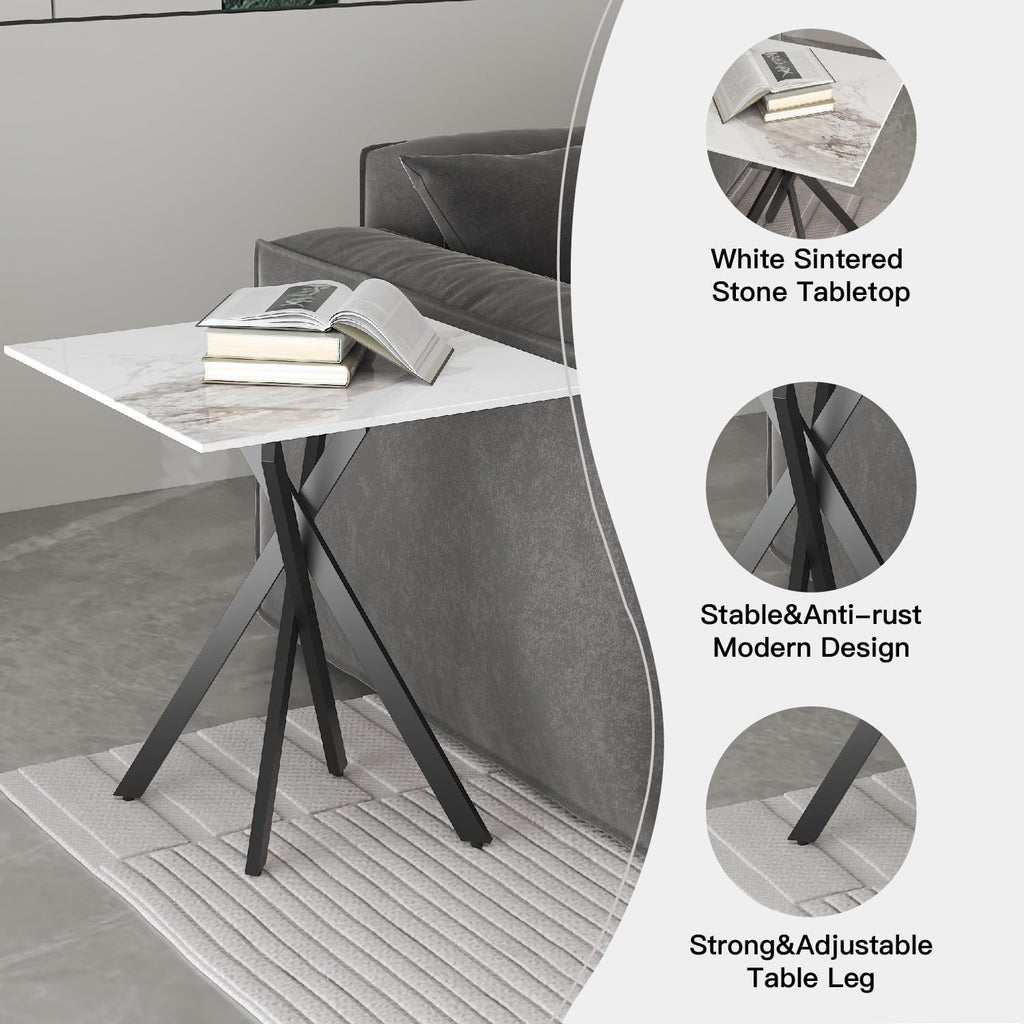 White Marble Side Coffee Table with Metal Legs, Samll Sintered Stone Square Modern End Table for Living Room Sofa Table Home Bed Office (1 Piece, 20"×20"×22")