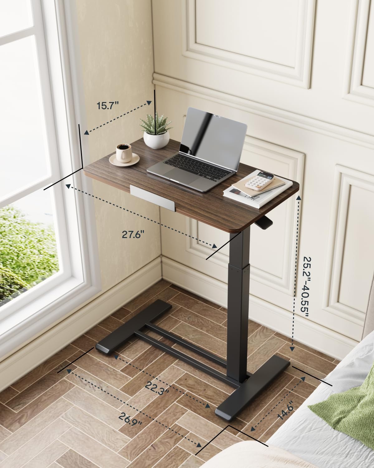 H7 PRO Mobile Standing Desk Adjustable Overbed Table Pneumatic with Wheels 55°Tiltable Portable Laptop Desk Rolling Computer Cart Foldable Bedside Table(27.6" W x 15.7" D, Rustic Brown)