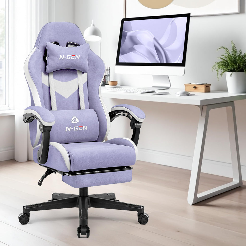 Video Gaming Chair with Footrest Lumbar Support for Home Office High Back Recliner Height Adjustable Ergonomic Comfy Fabric Computer Desk Chair (Purple)