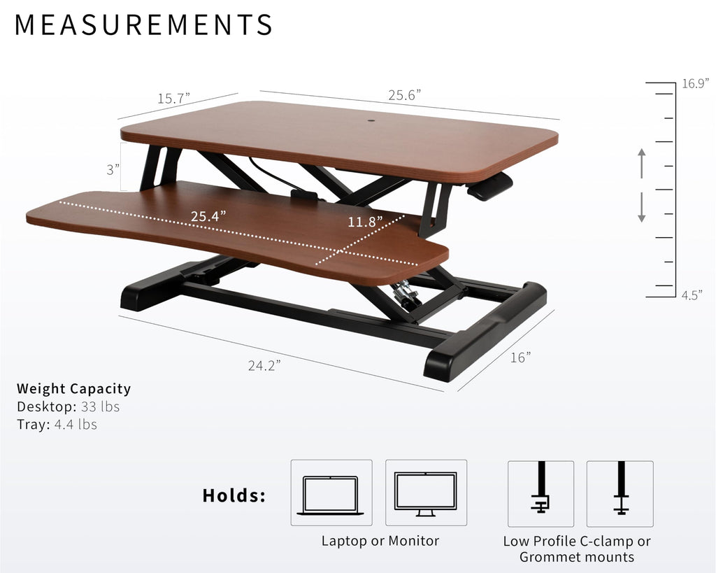 26 inch Desk Converter, K Series, Height Adjustable Sit to Stand Riser, Dual Monitor and Laptop Workstation with Keyboard Tray, Dark Walnut Top, Black Frame, DESK-V026KA
