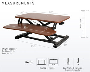 26 inch Desk Converter, K Series, Height Adjustable Sit to Stand Riser, Dual Monitor and Laptop Workstation with Keyboard Tray, Dark Walnut Top, Black Frame, DESK-V026KA
