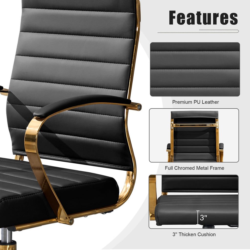 Gold Office Desk Chair, Ergonomic Leather Modern Conference Room Chairs, Executive Ribbed Height Adjustable Swivel Rolling Golden Chair for Home Office.
