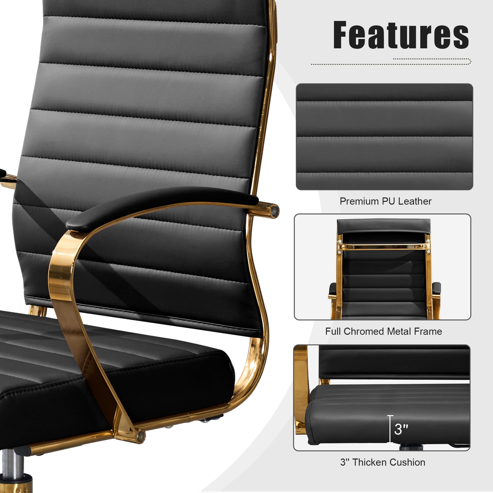 Gold Office Desk Chair, Ergonomic Leather Modern Conference Room Chairs, Executive Ribbed Height Adjustable Swivel Rolling Golden Chair for Home Office.