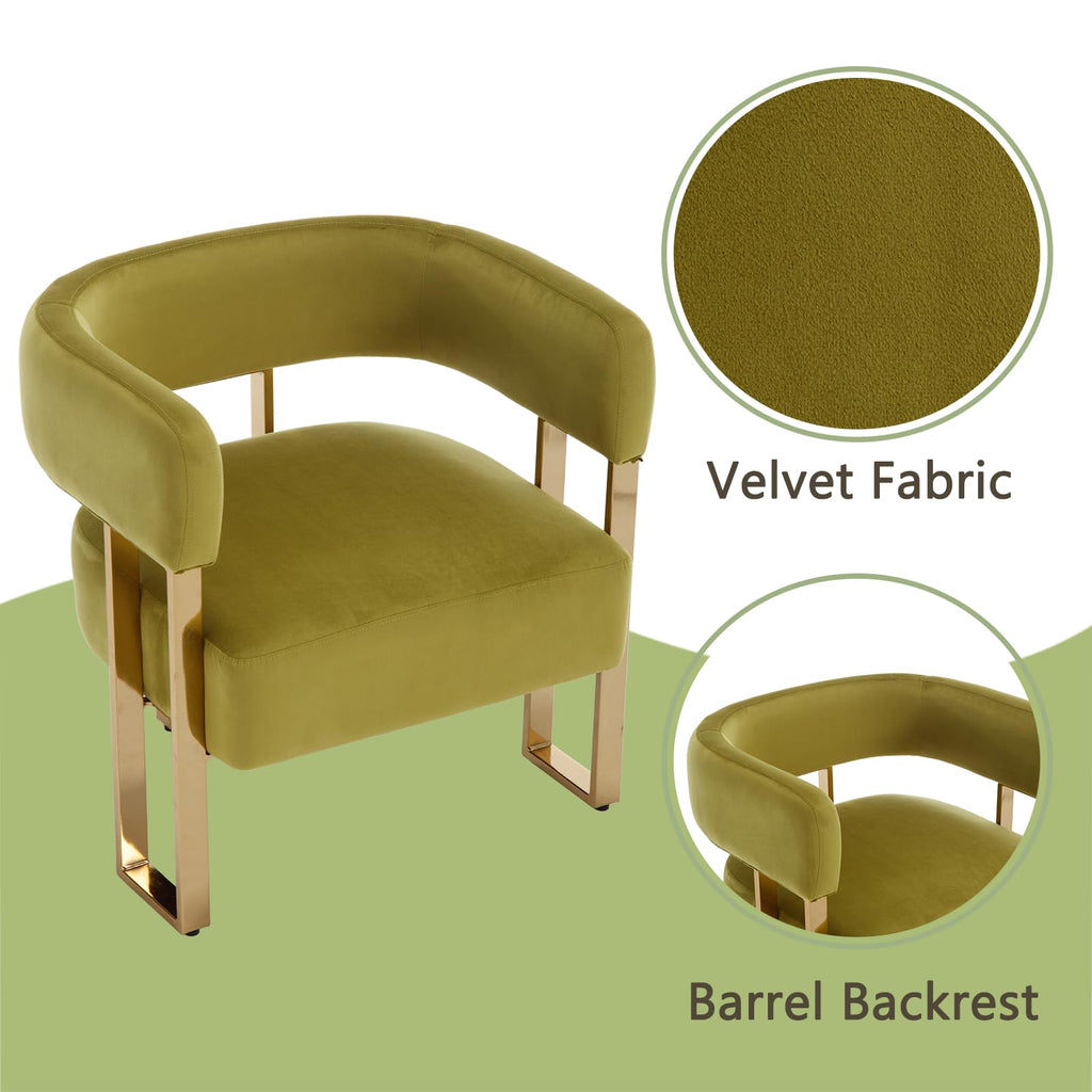 Modern Barrel Accent Chairs Set of 2, Velvet Living Room Chairs with Gold Metal Legs, Comfy Upholstered Single Sofa Armchair Side Chair for Lounge/Bedroom/Reading, Olive
