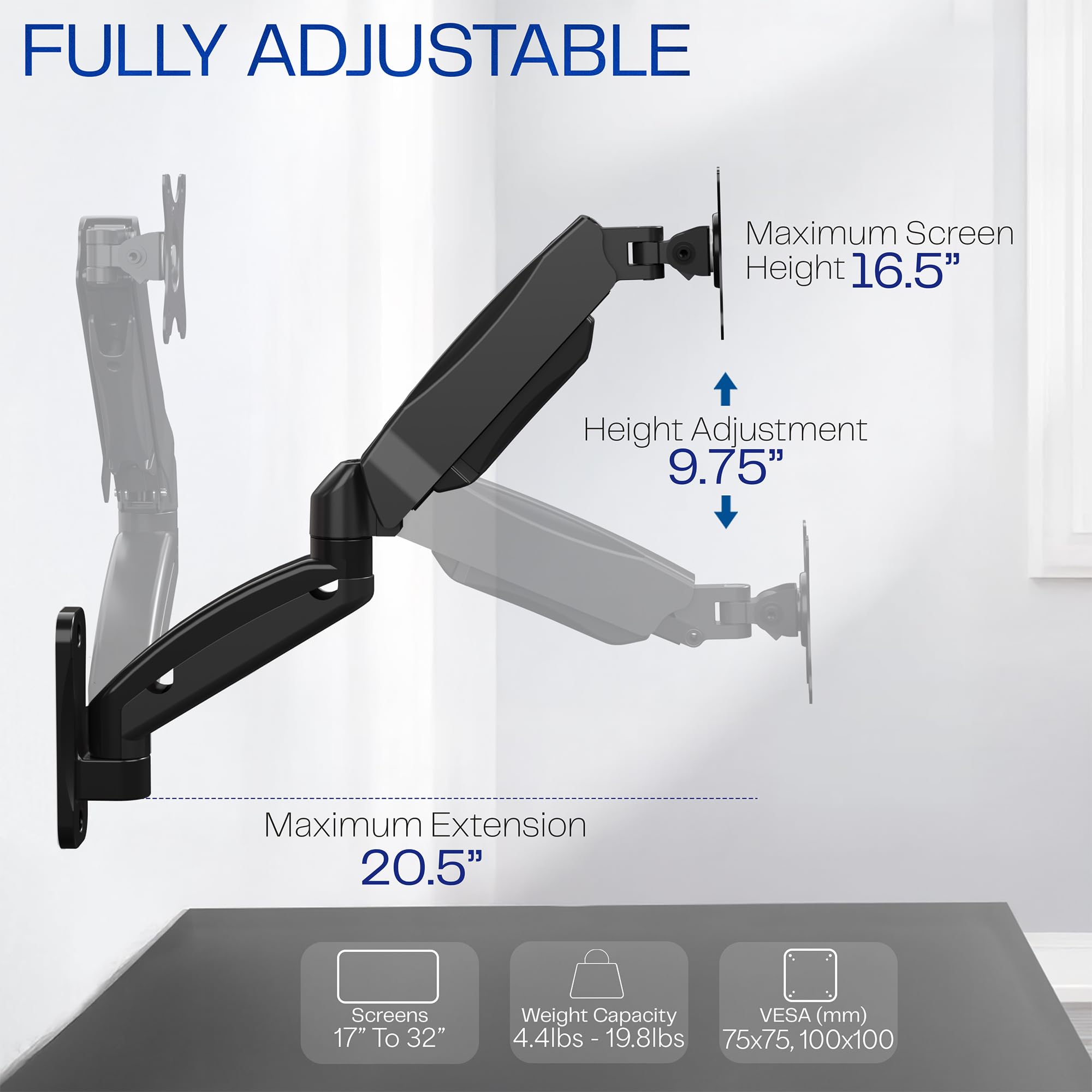 Single Monitor Counterbalance Wall Mount for 32 inch Screens up to 19.8 lbs, Full Motion, Max VESA 100x100, Black, MOUNT-V001G