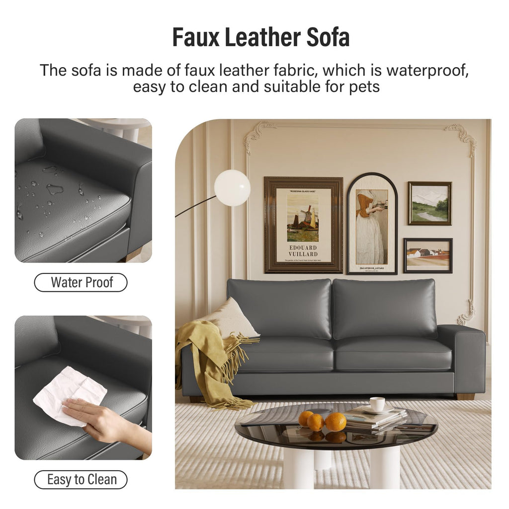 Faux Leather Couch, Mid Century Modern Comfy Loveseat Sofa with Wide Arm, Side Pockets, Solid Wooden Frame for Office, Living Room and Bedroom, 3 Seater (Gery, 88.58 inches)