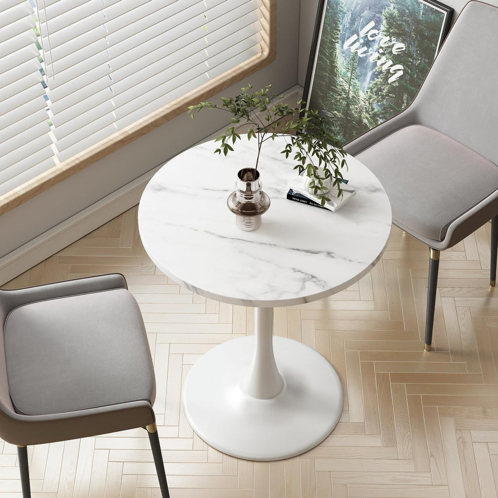 White Marble Round Dining Table 24" Circle Tulip Table with Thickened Tabletop & Sturdy Metal Pedestal Mid Century Modern Leisure Bistro Kitchen Tables 2 People Small Places Living Room Cafe