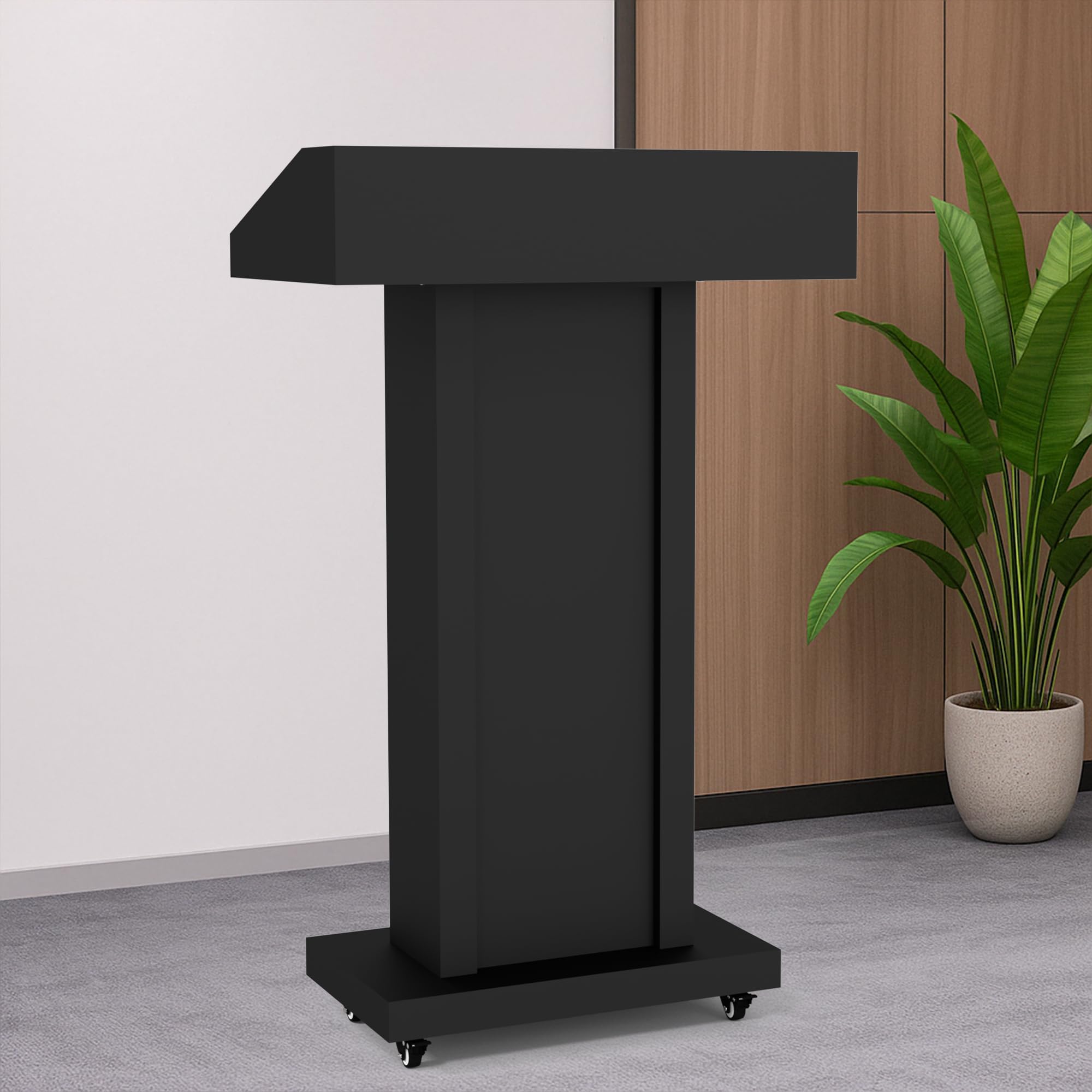 Podium Stand with 4 Lockable Wheels, Heavy-Duty Metal Lecterns & Podiums with Hidden Storage, 46.5”H Portable Pulpit for Church, School, Office and Conference, Black