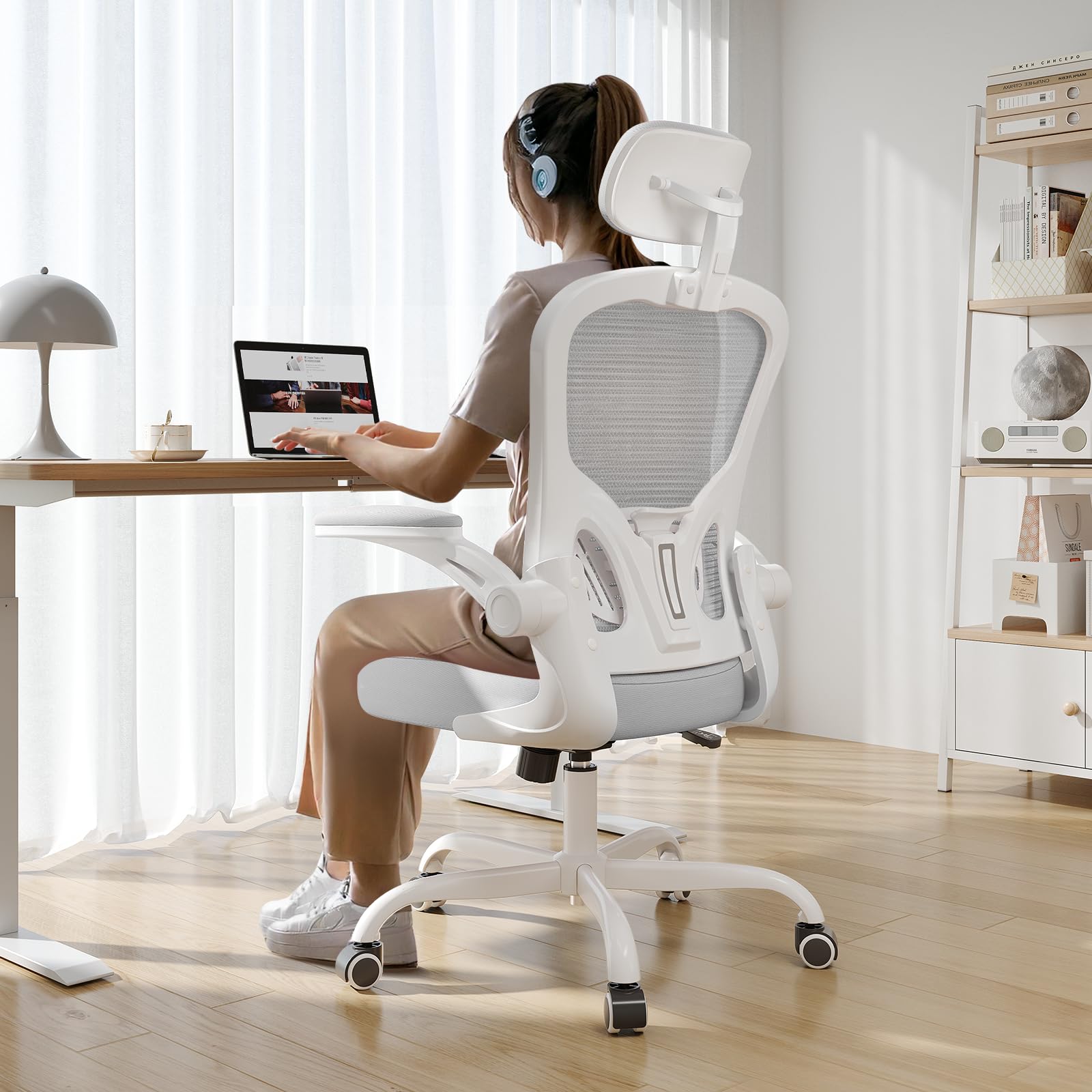 Office Chair Ergonomic Desk Chair, 330LBS Capacity, High Back Computer Design for Long Hours Comfort, Rolling Swivel for Home Office, Flip-up Armrests, White+Grey