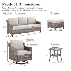6 Piece Outdoor Patio Wicker Furniture Sets-High Back Outdoor Conversation Set Sectional Sofa with Wicker Swivel Rocker Patio Chairs,Thick Cushions Ottomans for Porch Balcony Patio Deck Grey/Beige