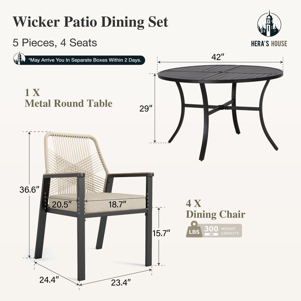 5 Pieces Patio Dining Set, 4 x Woven Rattan Dining Chairs with Cushions, 42" Metal Round Dining Table, Patio Table and Chairs Set for Lawn Garden Backyard Deck