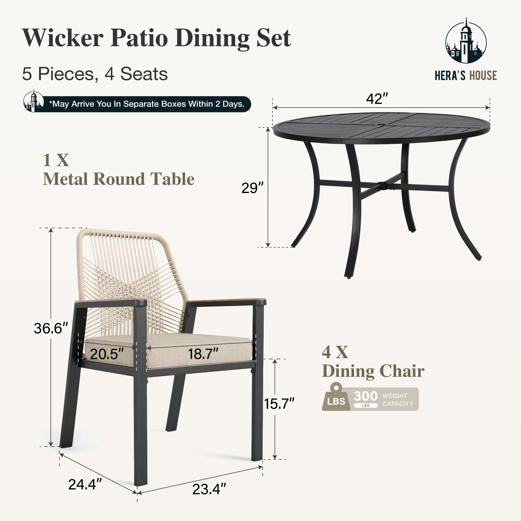 5 Pieces Patio Dining Set, 4 x Woven Rattan Dining Chairs with Cushions, 42" Metal Round Dining Table, Patio Table and Chairs Set for Lawn Garden Backyard Deck