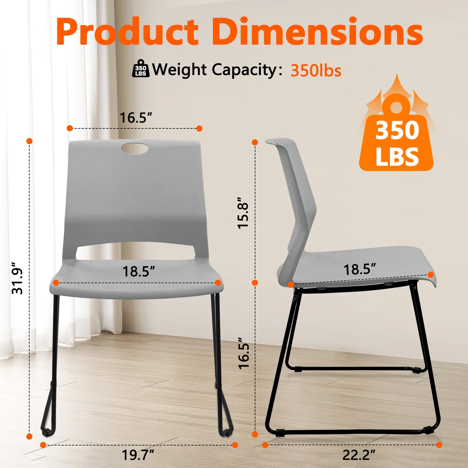 Set of 4, Gray, Stackable Guest Reception Chairs, Stacking Office Chair with Ergonomic Lumbar Support & Metal Legs, Plastic Desk Chairs for Conference School Church Waiting Meeting Break Room