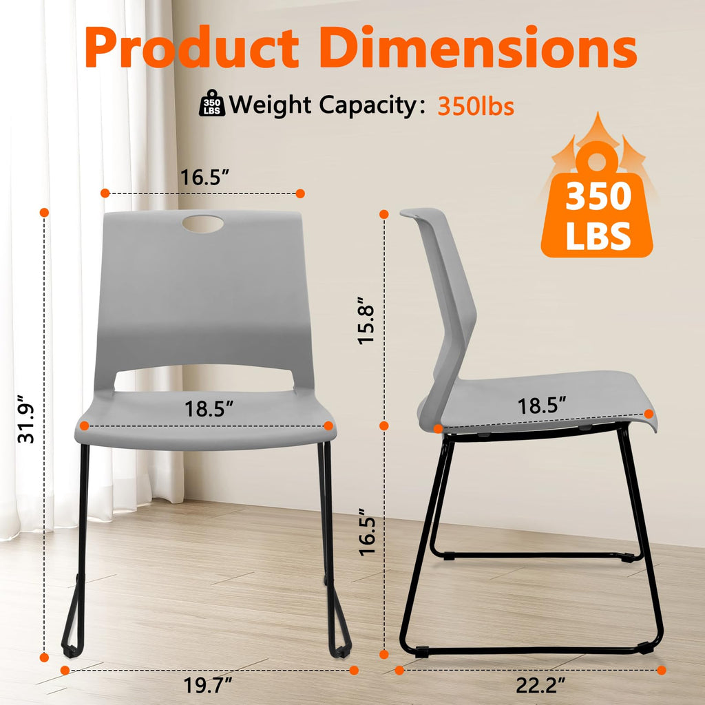 Set of 8, Gray, Stackable Guest Reception Chairs, Stacking Office Chair with Ergonomic Lumbar Support & Metal Legs, Plastic Desk Chairs for Conference School Church Waiting Meeting Break Room