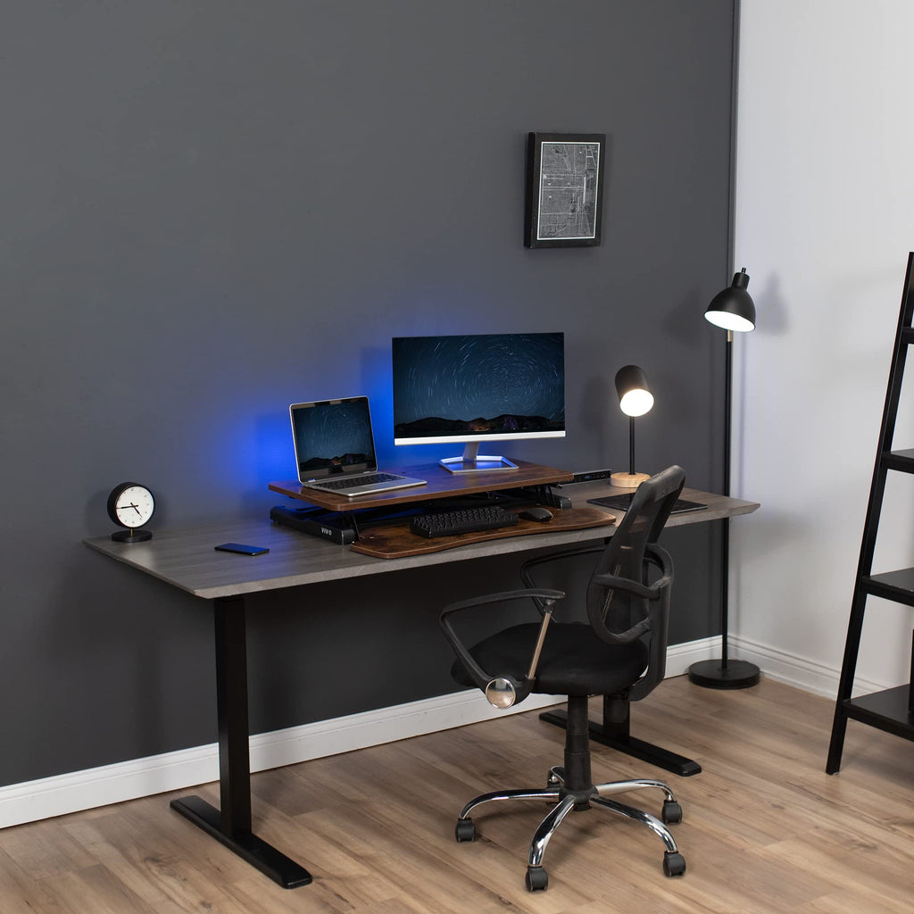 32 inch Desk Converter, K Series, Height Adjustable Sit to Stand Riser, Dual Monitor and Laptop Workstation with Wide Keyboard Tray, Vintage Brown Top, Black Frame, DESK-V000KN