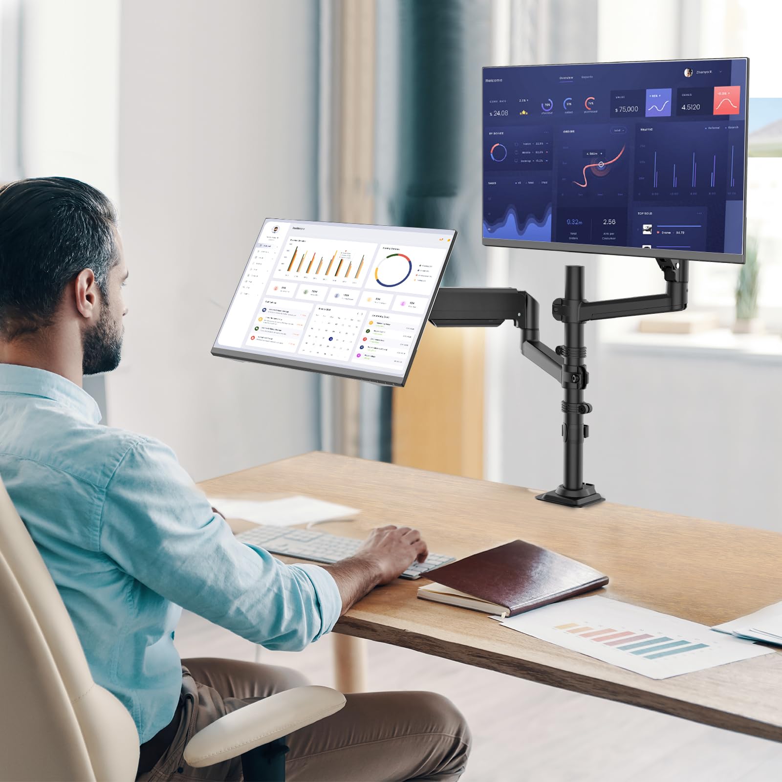 Dual Monitor Mount, 13-33 Inch Adjustable Dual Monitor Arm for Desk Holds Max 19.8 lbs Screens, Swivel Vesa Bracket with C Clamp, Grommet Mounting, Monitor Arms for 2 Monitors (GSDM002)