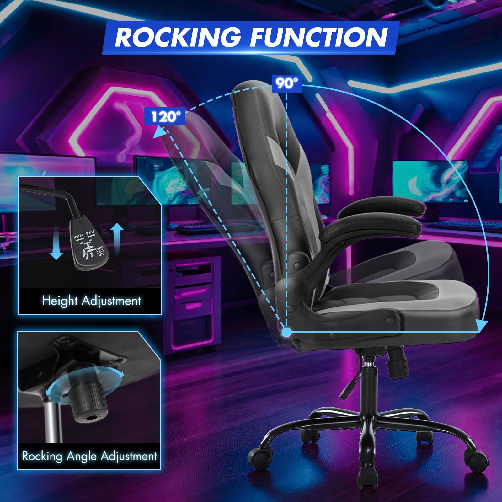 Computer Video Game Desk Chair - Ergonomic Comfy Lumbar Support, PU Leather with Flip-up Armrest, Height Adjustable and 360° Swivel, for Adults, Black Grey
