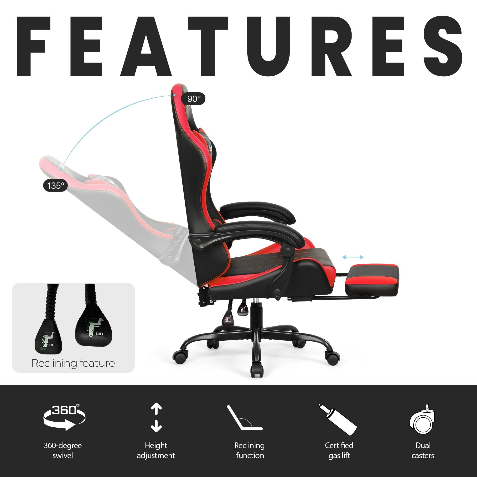 Video Gaming Chair with Footrest Lumbar Support for Home Office High Back Recliner Height Adjustable Ergonomic Comfy Leather Computer Desk Chair (Red)