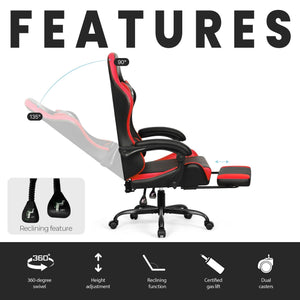 Video Gaming Chair with Footrest Lumbar Support for Home Office High Back Recliner Height Adjustable Ergonomic Comfy Leather Computer Desk Chair (Red)