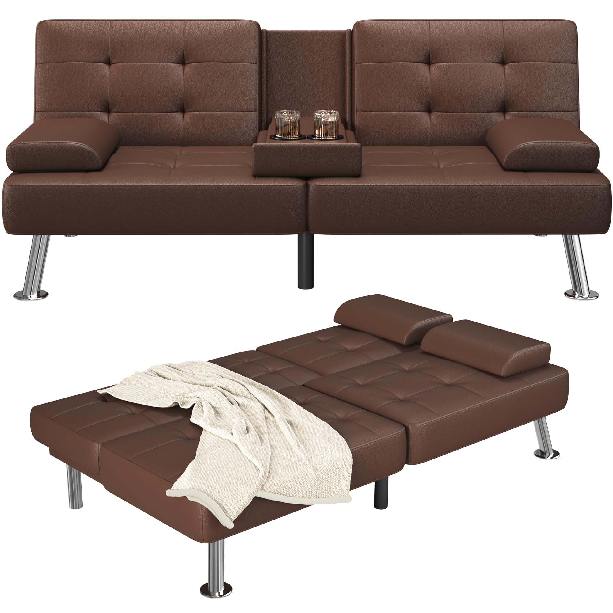 Sofa Bed Adjustable Futon Couch Sleeper Sofa Bed for Living Room, Business Office, Recliner Sofas with Cup Holders (PU Leather, Brown)