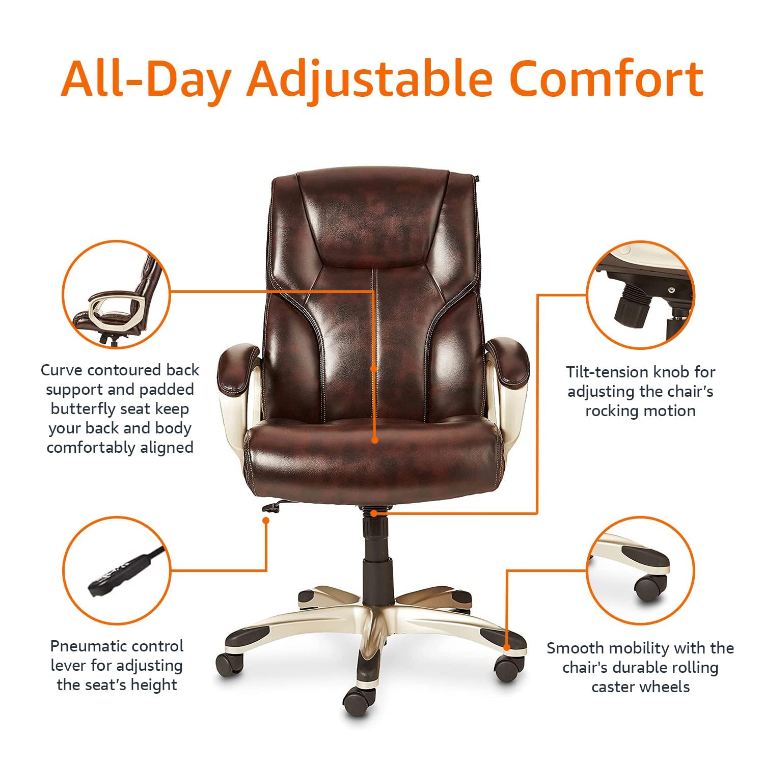 Executive High Back Office Chair, Adjustable Height, Tilt, Swivel, Padded Armrests, Brown/Gold