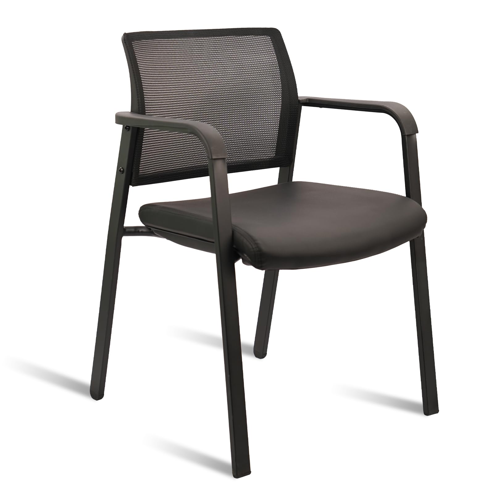 Stackable Office Chair, Mesh Back Guest Chairs with Comfortable Leather Seat Arms Stacking Ergonomic Desk Chair No Wheels for Conference Waiting Reception School Side Stationary, Black