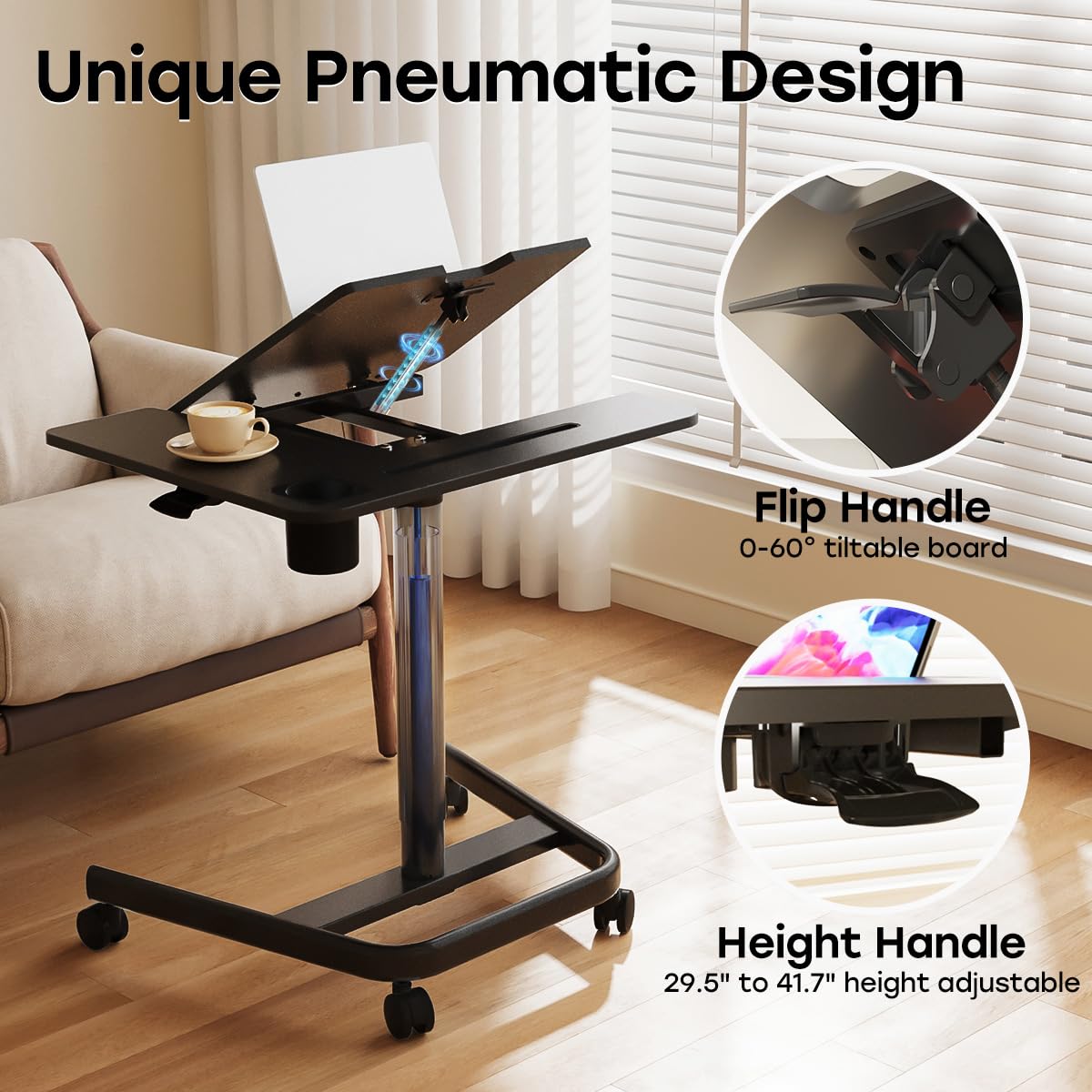 Mobile Standing Desk, Height Adjustable Table, 60° Tiltable Rolling Laptop Desk, Portable Sit Stand Desk with Wheels Cup Holder for Bed Couch Hospital, Holds Up to 22lbs, Black