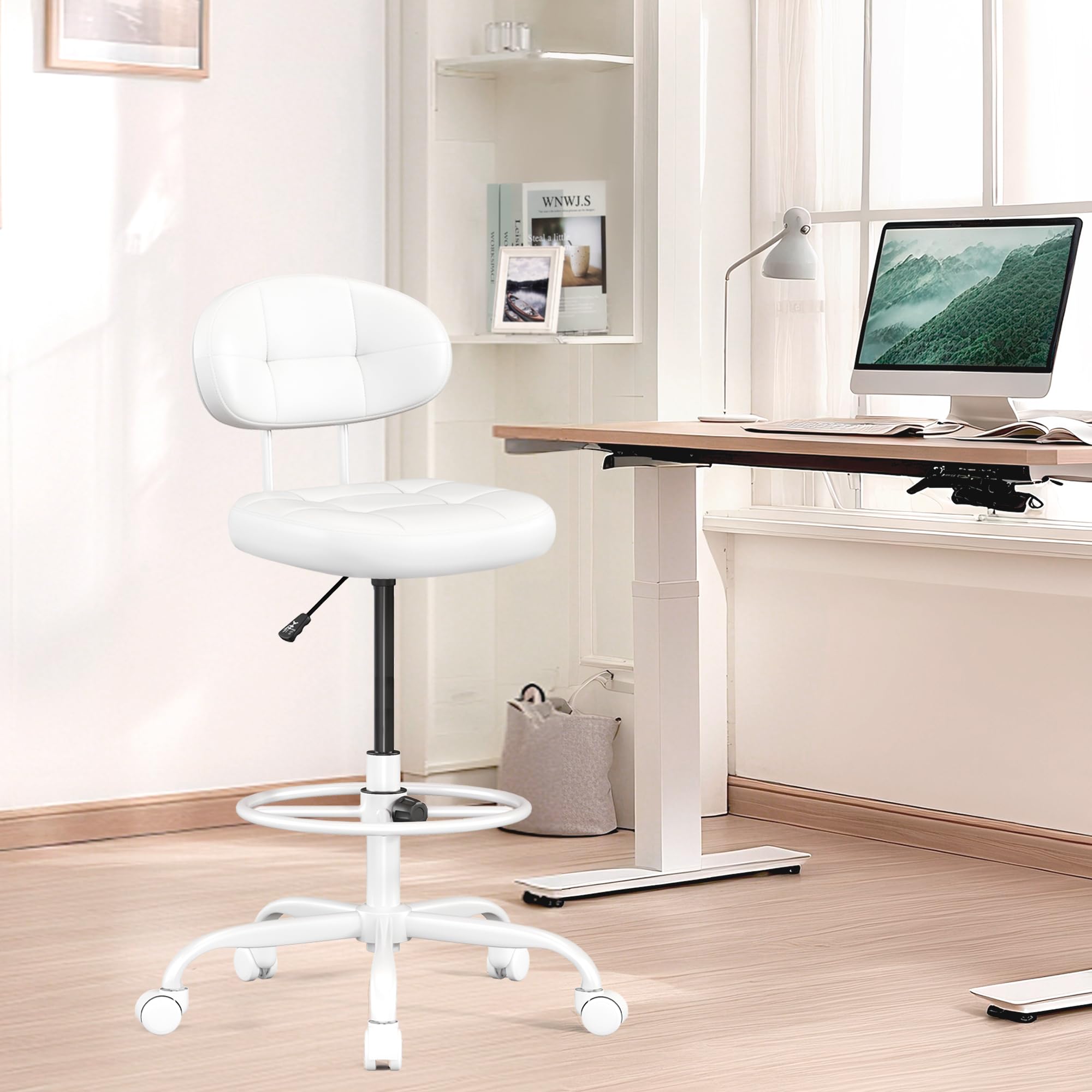 Drafting Chair, Armless Tall Office Chair with Footrest Ring for Standing Desk, Small Faux Leather Executive Computer Chair with Adjustable Height for Bar Lab Counter Height Desk, White