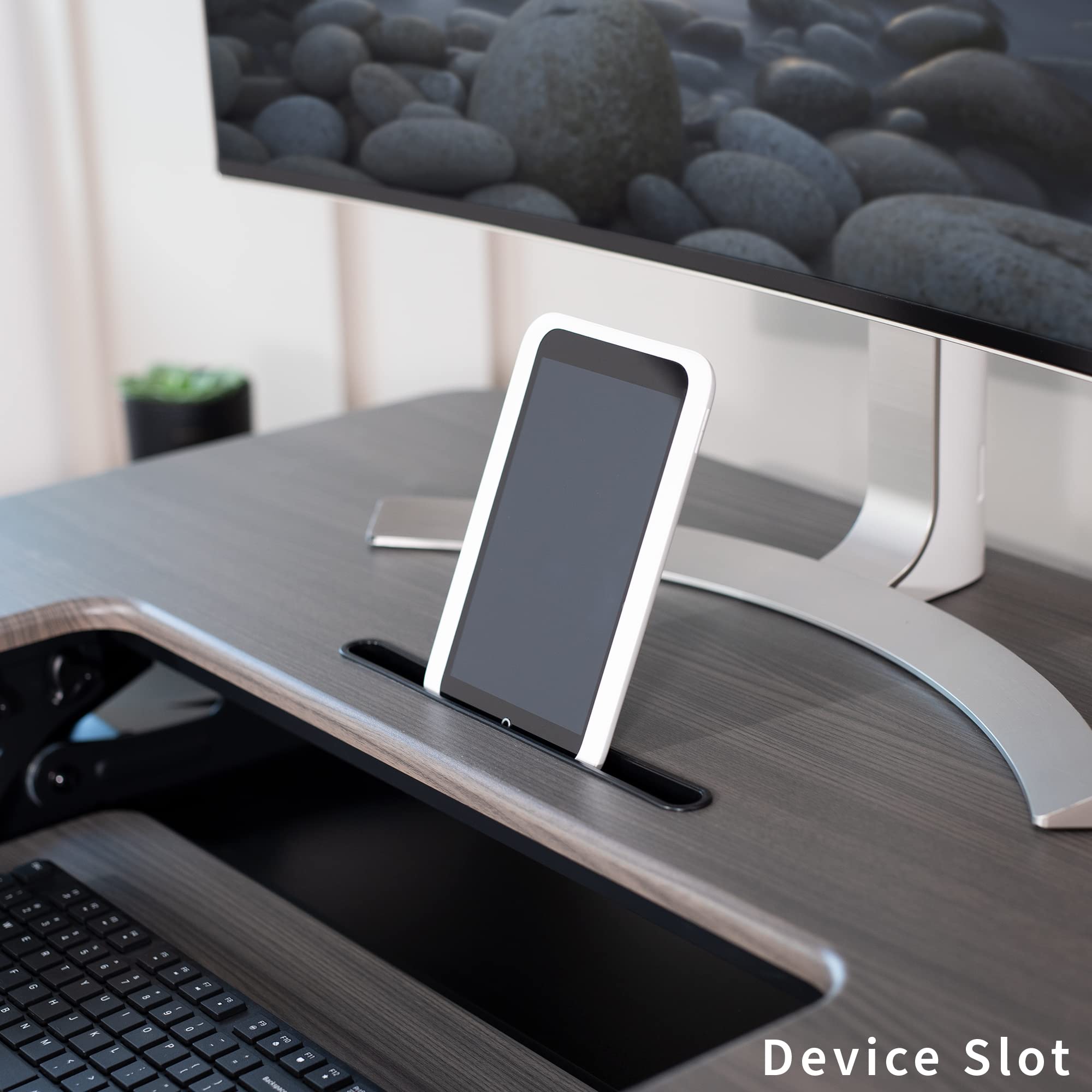 36 inch Height Adjustable Stand Up Desk Converter, V Series, Quick Sit to Stand Tabletop Dual Monitor Riser Workstation, Gray Top, Black Frame, DESK-V000VG