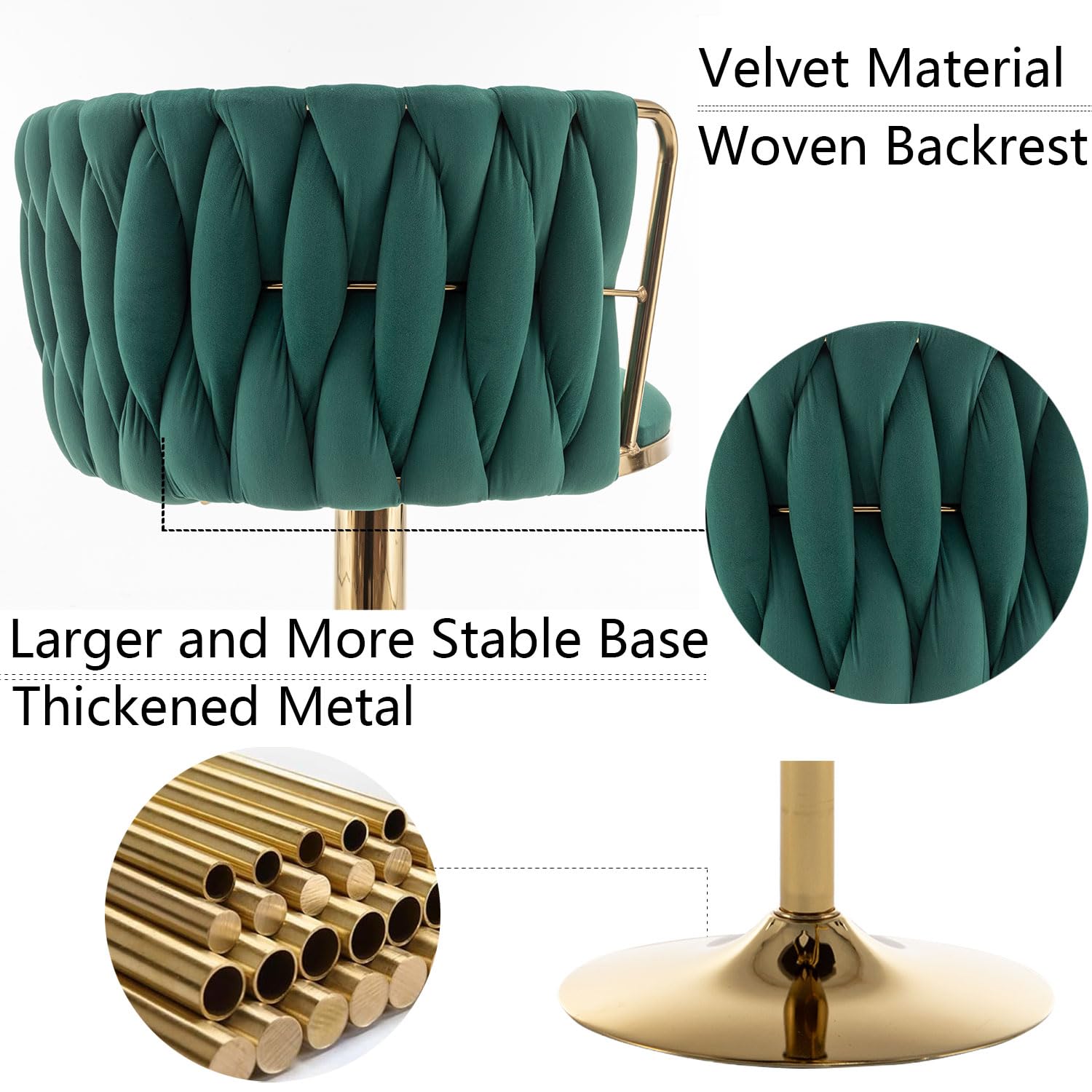Gold Velvet Bar Stools Set of 2, Swivel Counter Height Bar Stools with Back, Adjustable Woven Barstools for Kitchen Island, Pub, Club (Green)