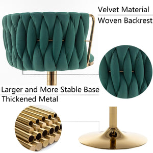 Gold Velvet Bar Stools Set of 2, Swivel Counter Height Bar Stools with Back, Adjustable Woven Barstools for Kitchen Island, Pub, Club (Green)