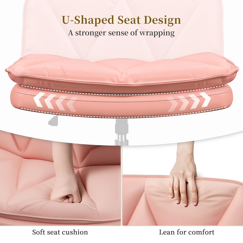 Criss Cross Chair with Wheels,Cross Legged Office Chair with 2 Layer Cushion,Wide Seat,Leather,Amless, for Home,Office,Make Up,Vanity,Bed Room,Pink